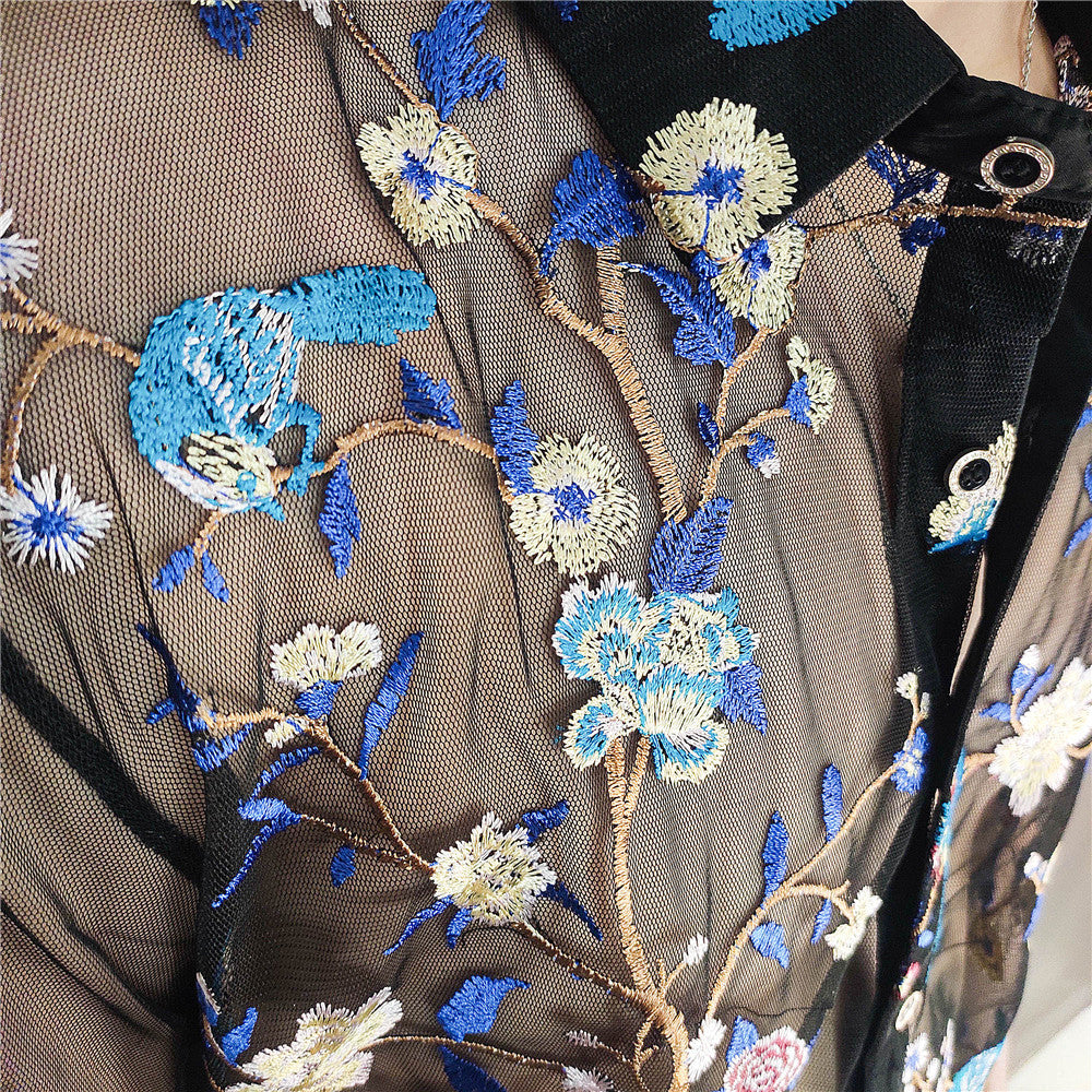 Blue Floral Embroidery See-Through Shirt