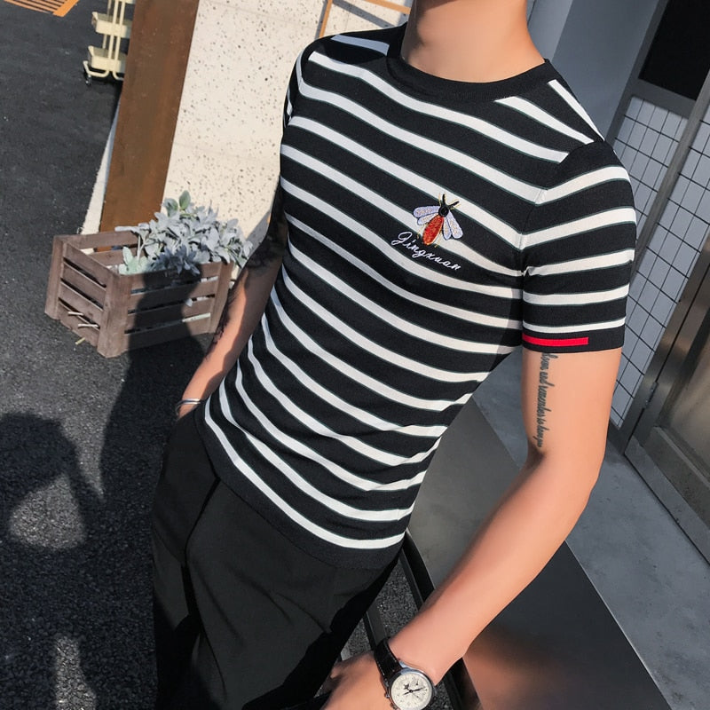 Stripe Slim Fit Black and White Men T Shirt