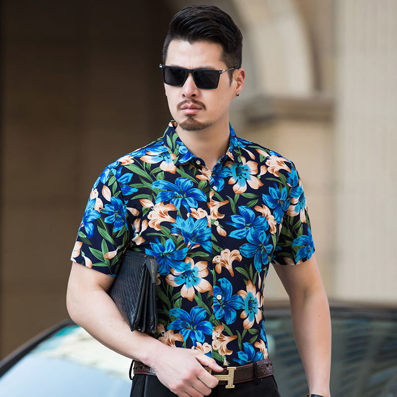 Abstract High Contrast Floral Pattern Color Men Short Sleeves Shirt - FanFreakz