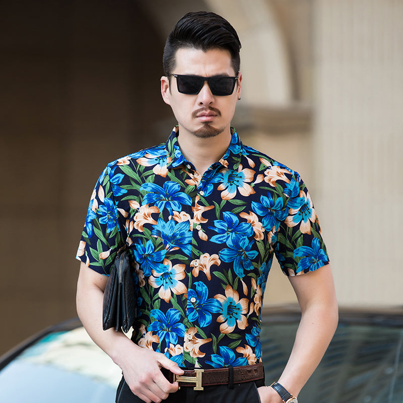 Abstract High Contrast Floral Pattern Color Men Short Sleeves Shirt - FanFreakz