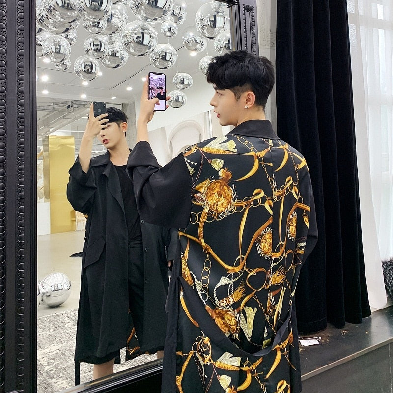 Classic Prints Windproof Men Belted Long Coat