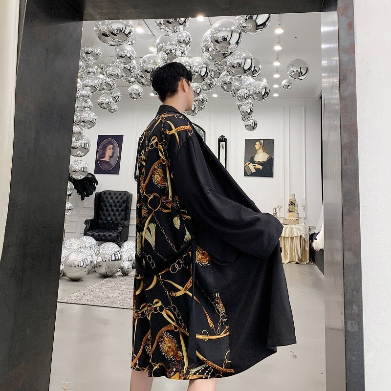 Classic Prints Windproof Men Belted Long Coat