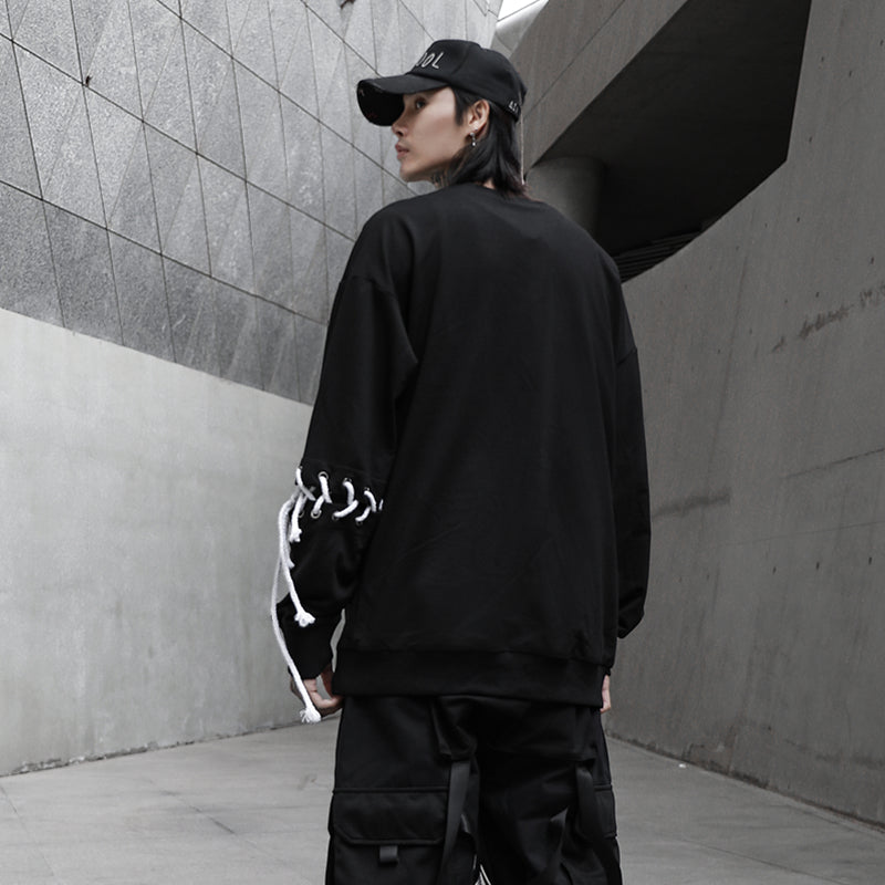 Drawstring Braid Accent Long Sleeve Men T shirt