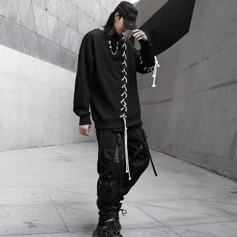 Drawstring Braid Accent Long Sleeve Men T shirt