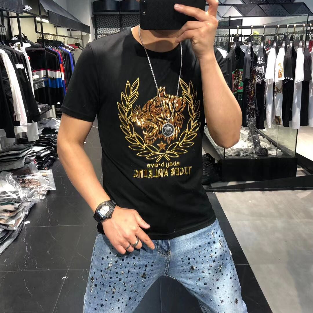 Tiger Head Mixed Print Sequin Men T-Shirt