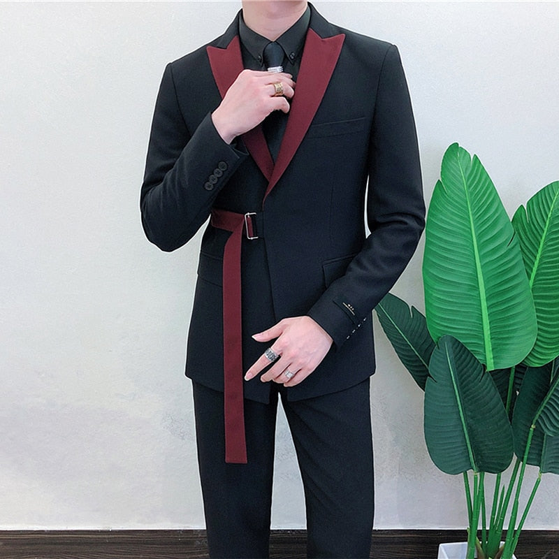 Asymmetrical Belt Accent Two Tone Men Blazer Suit