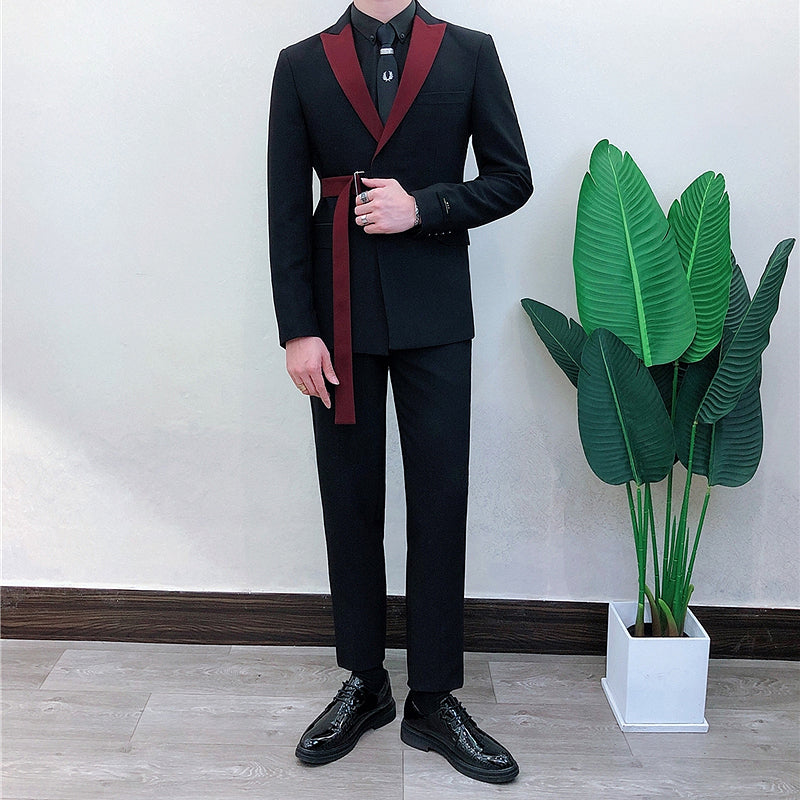 Asymmetrical Belt Accent Two Tone Men Blazer Suit