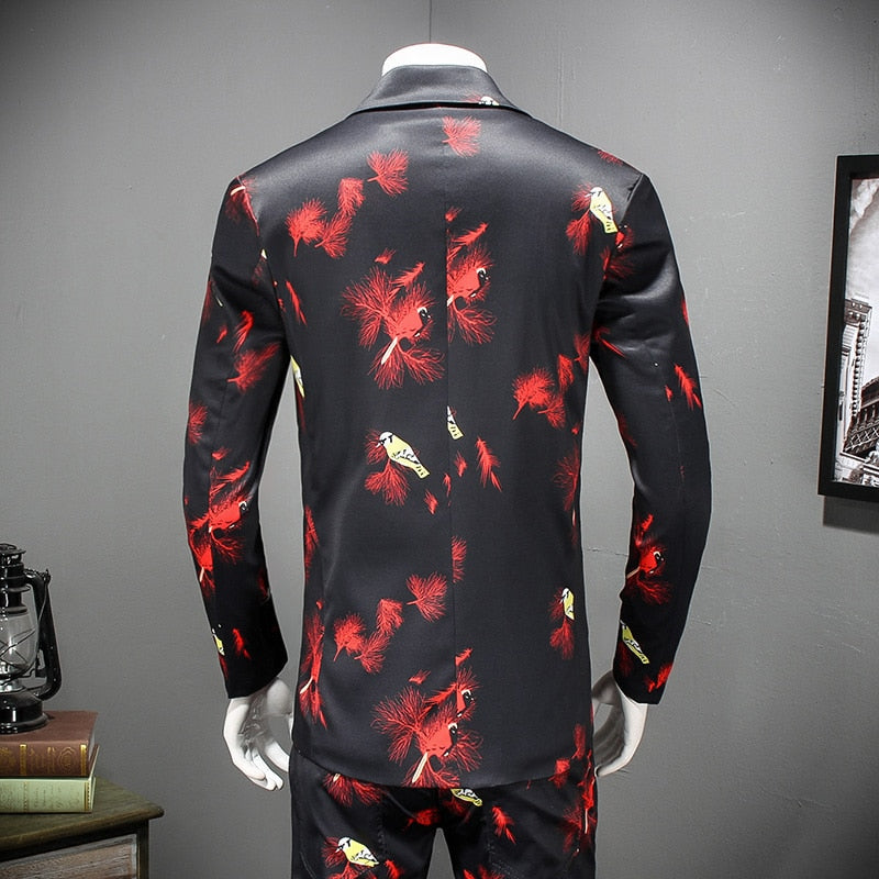 Black with Red Feather Print Suit Men Casual Blazer and Trouser