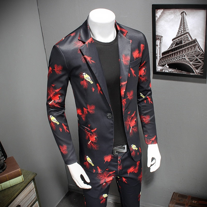 Black with Red Feather Print Suit Men Casual Blazer and Trouser