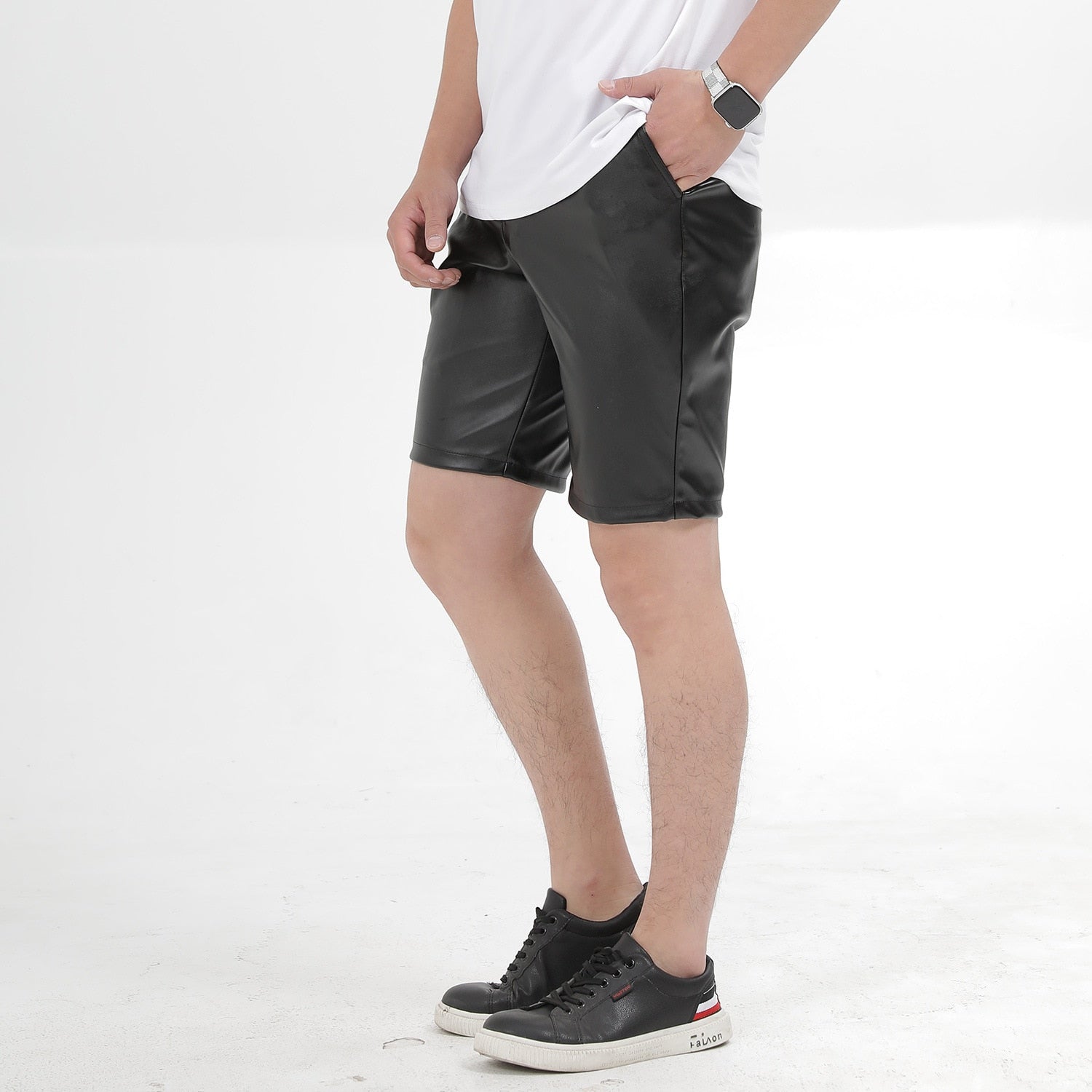 Pocket Faux Leather Shorts Elastic Shorts