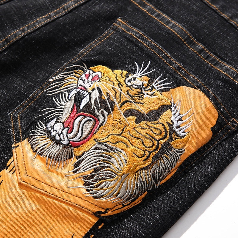 Growling Tiger Heads Embroidery Regular Jeans