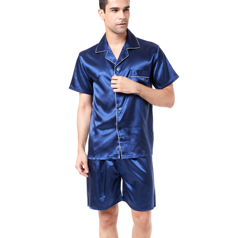 Solid Color Fit Men Satin Silk Pajama Sets Short Sleeves Shirt and Pants