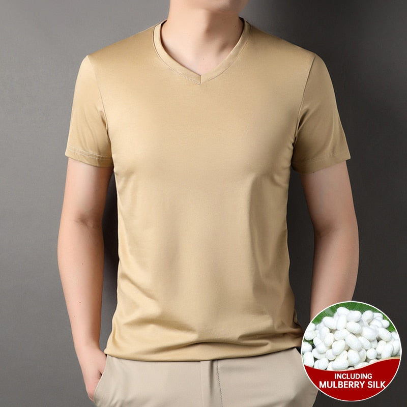 Mulberry Silk Solid V-Neck Smooth T-Shirt