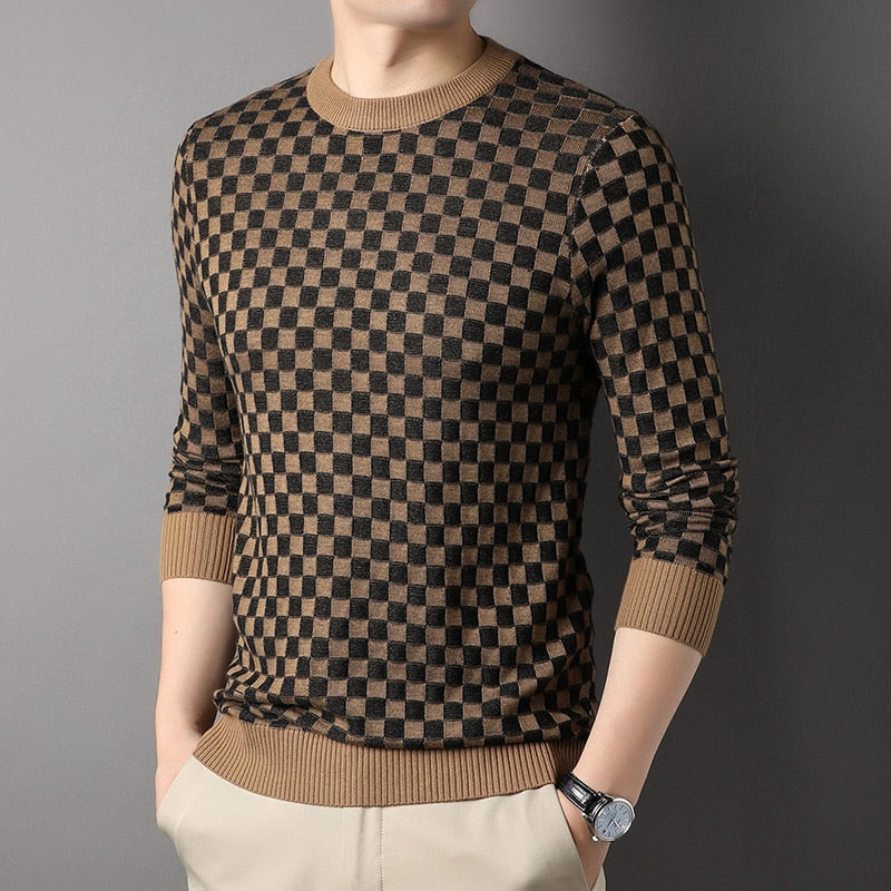 Checkered O-Neck Polyester Sweater
