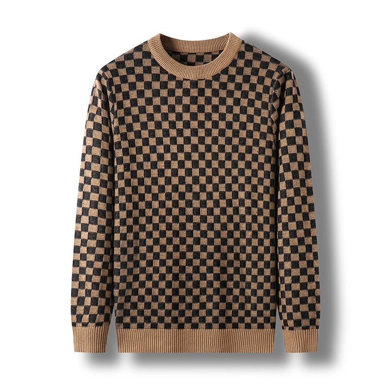 Checkered O-Neck Polyester Sweater