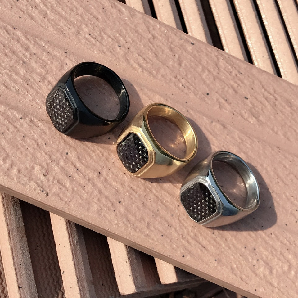 Carbon Pattern Stone Style Stainless Steel Ring