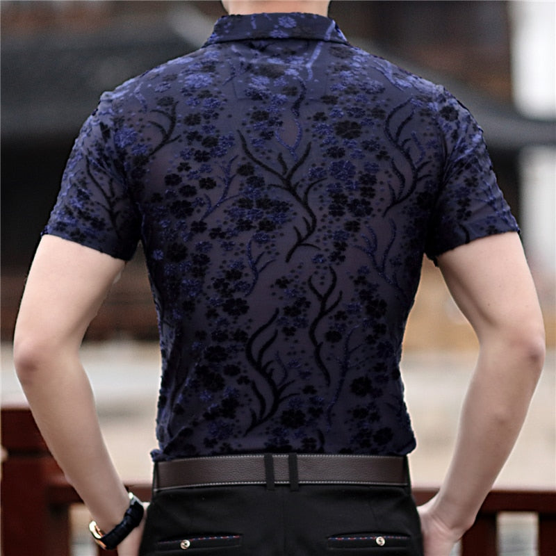 Floral Abstract Pattern Men Semi Sheer Shirt