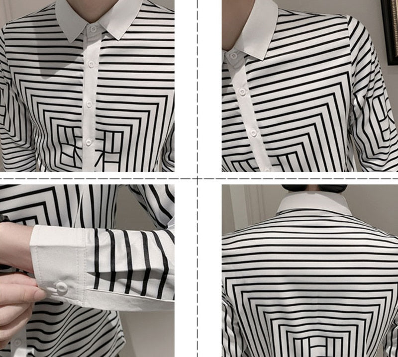 Black White Rectangle Lines Printed Long Sleeve Shirt
