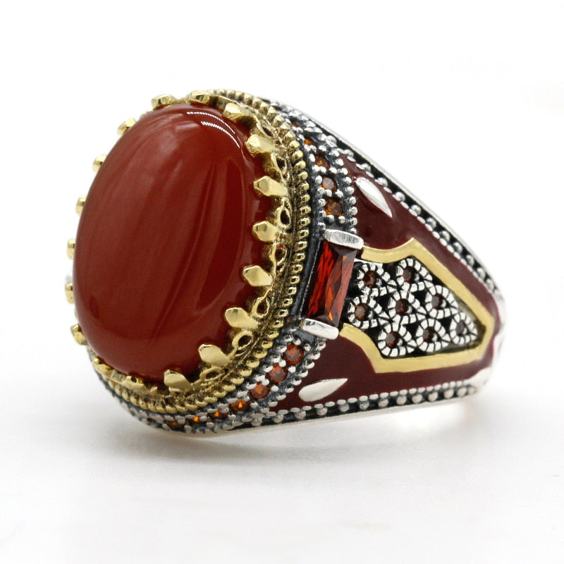 Red Natural Agate Stone Vintage Crown Ring