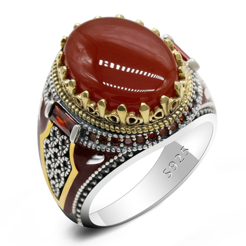Red Natural Agate Stone Vintage Crown Ring