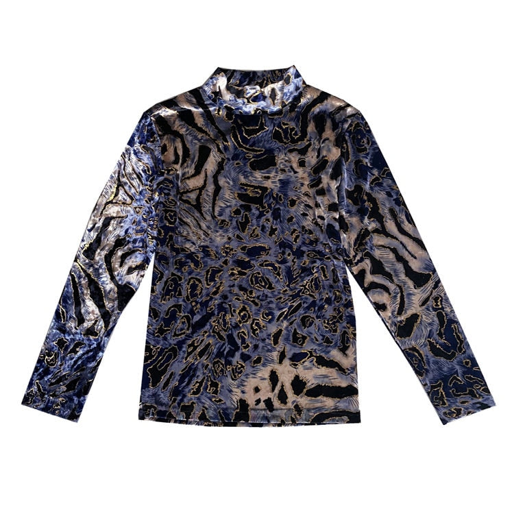 White Leopard Printed Long Sleeve Turtleneck T-Shirt