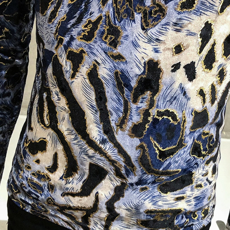 White Leopard Printed Long Sleeve Turtleneck T-Shirt