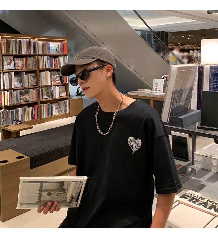 Summer Heart Print Basic Solid Color Men T-Shirt