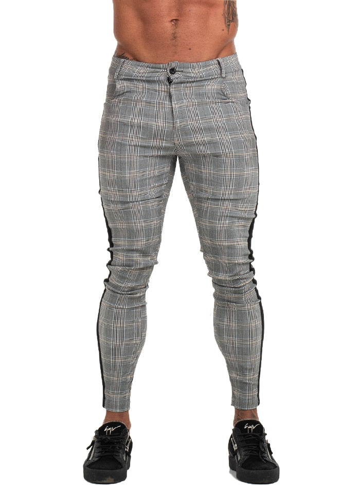 Cotton Grey Plaid with Side Stripe Slim Fit Style Men Trouser