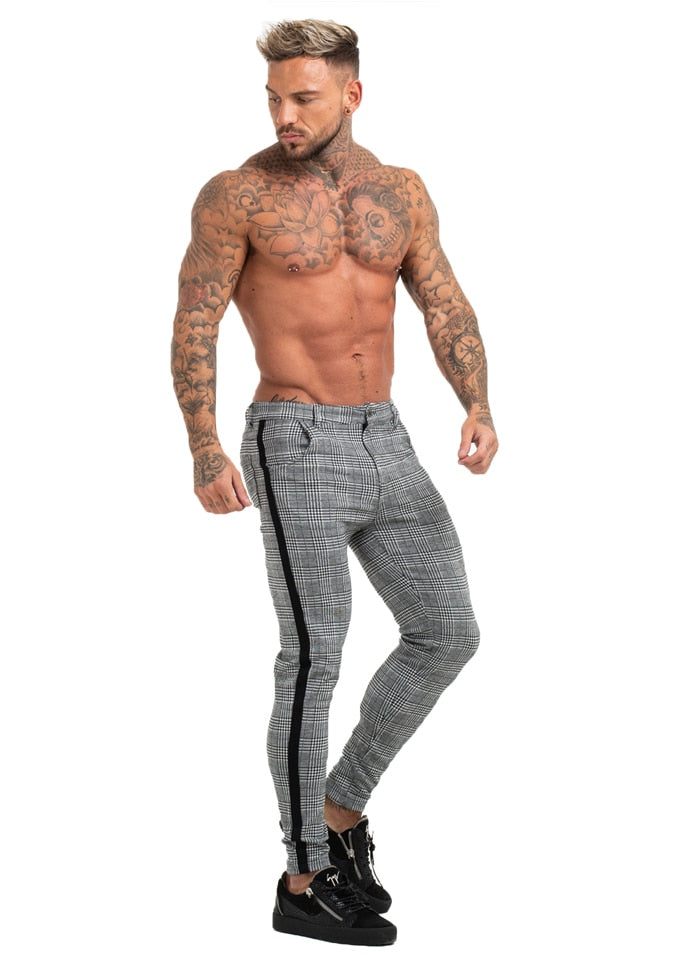 Cotton Grey Plaid with Side Stripe Slim Fit Style Men Trouser
