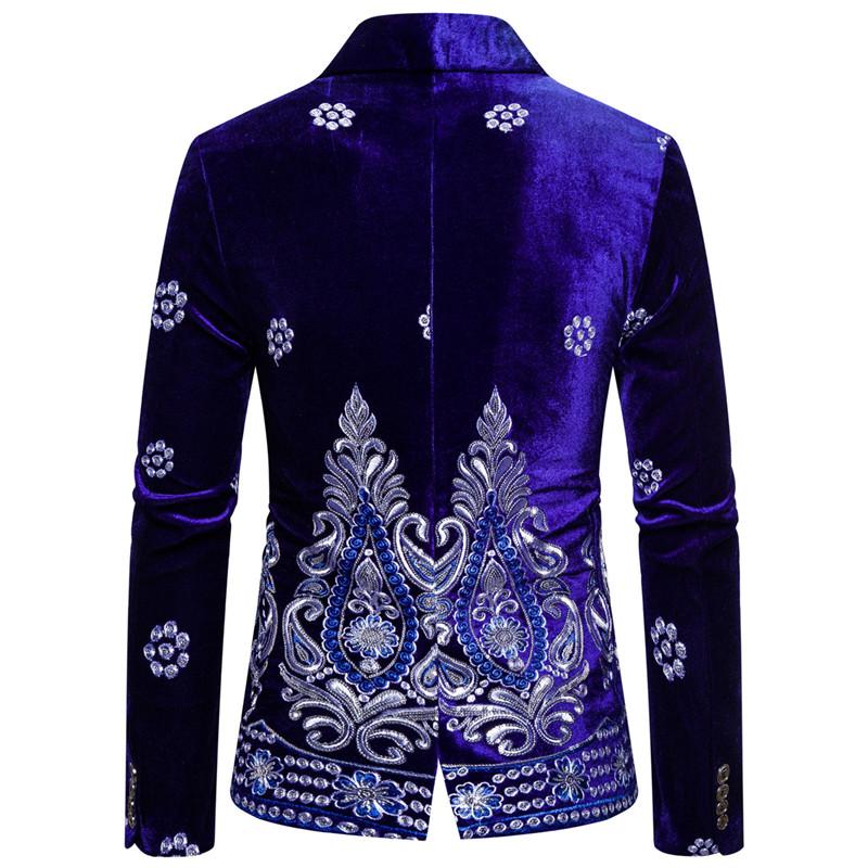 Unique Luxury Costume Stage Embroidered Velvet One Button Style Men Blazer