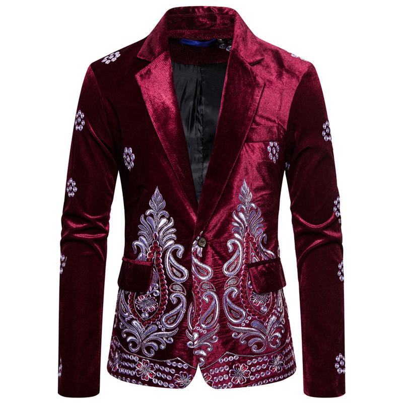 Unique Luxury Costume Stage Embroidered Velvet One Button Style Men Blazer