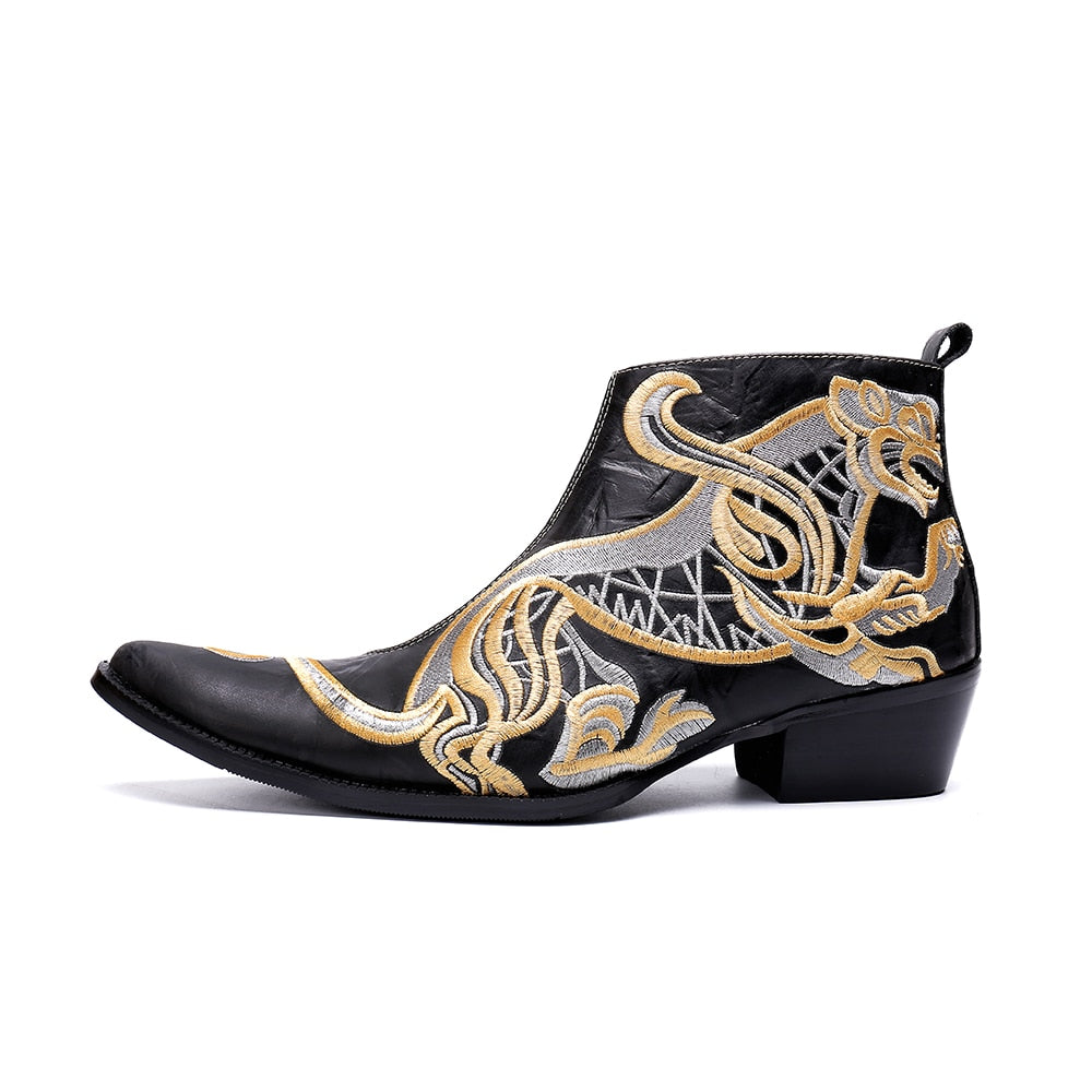 Stylized Tiger Embroidery Genuine Leather Men Cowboy Boots