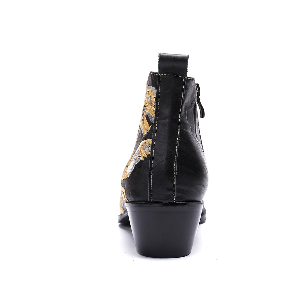 Stylized Tiger Embroidery Genuine Leather Men Cowboy Boots