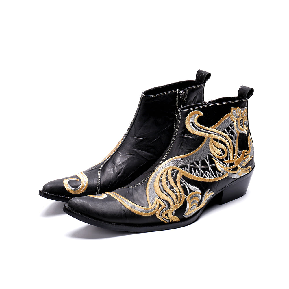 Stylized Tiger Embroidery Genuine Leather Men Cowboy Boots