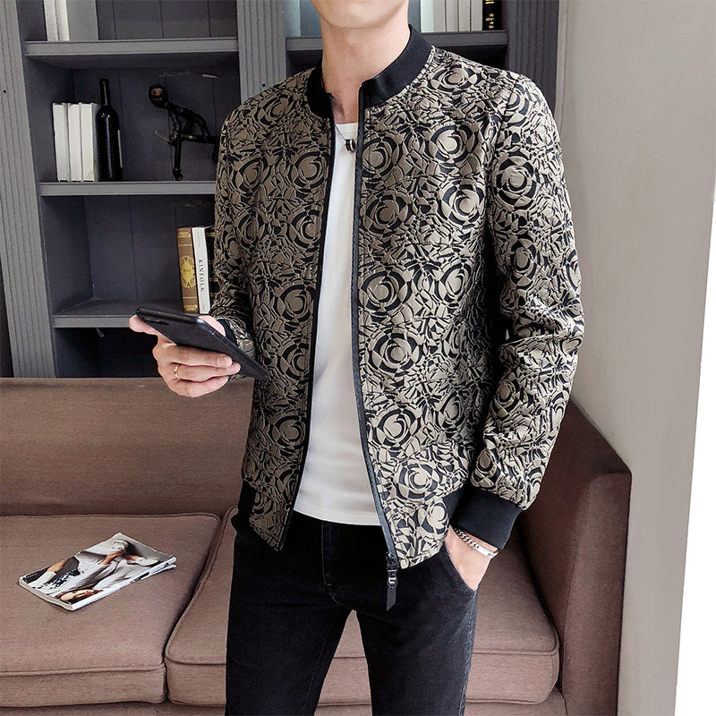 Abstract Print Jacquard Zipper Bomber Casual Men Jacket