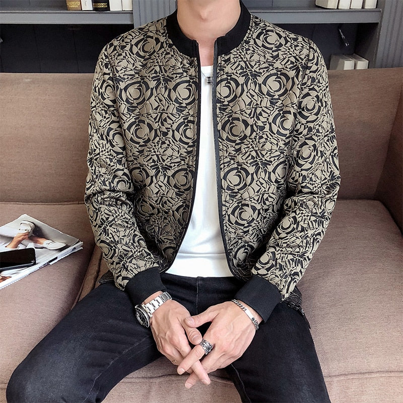 Abstract Print Jacquard Zipper Bomber Casual Men Jacket