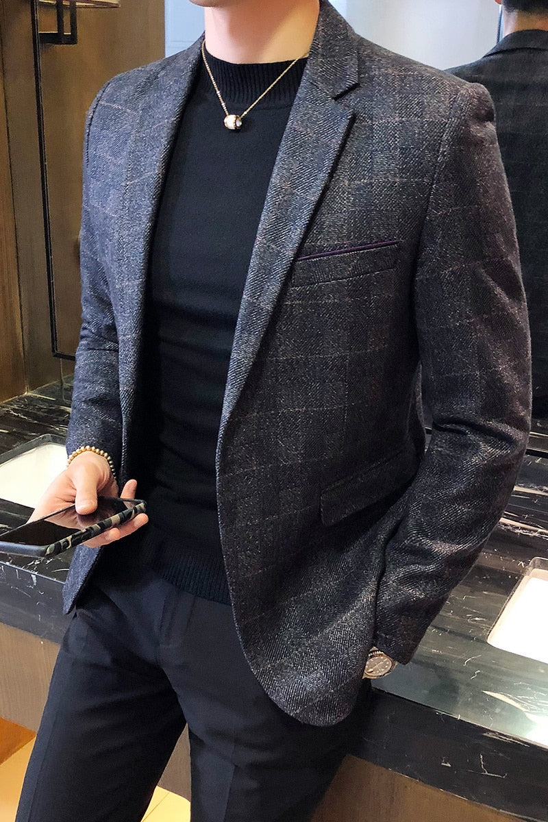 Classic Plaid Pattern Men Long Sleeve Blazer