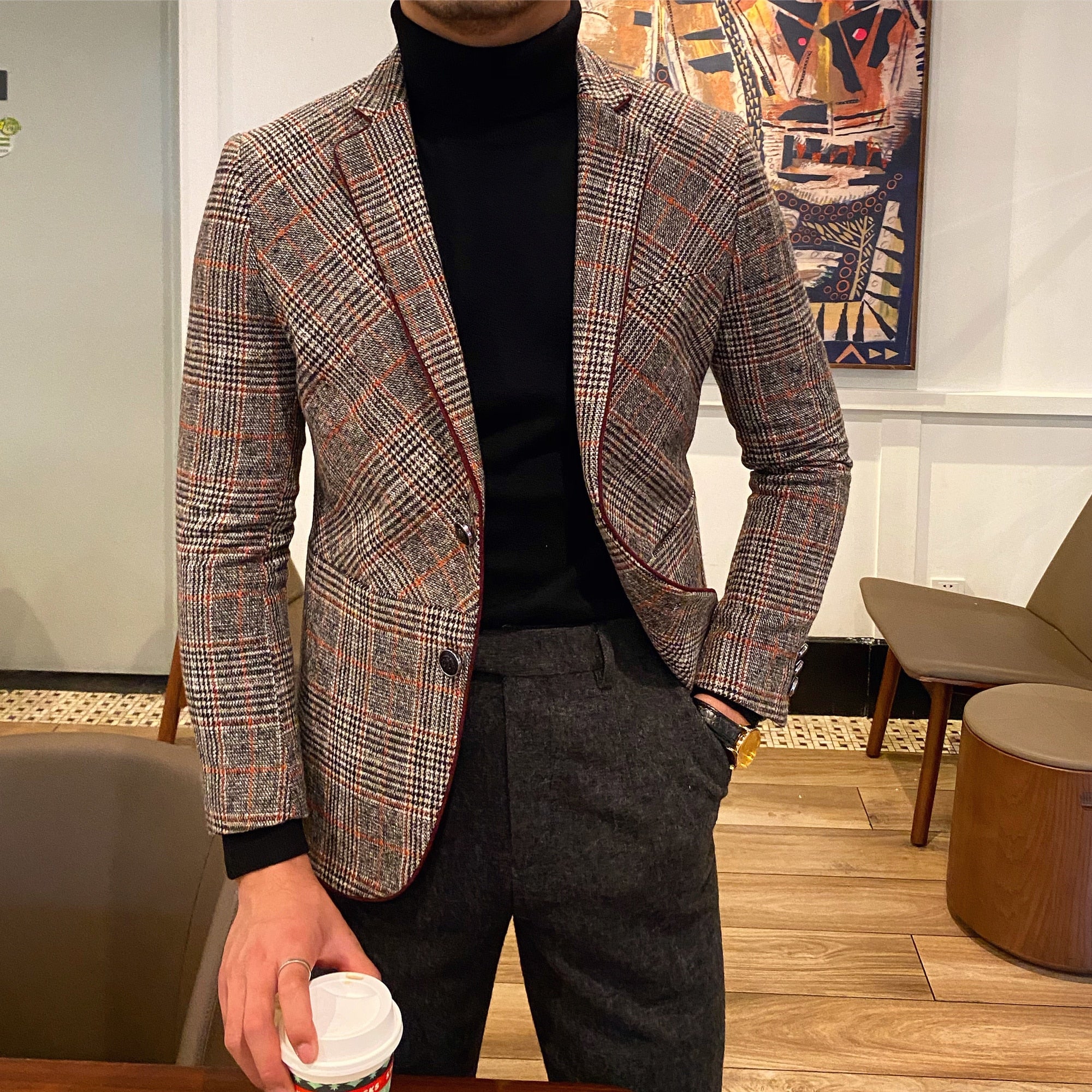 Fine Lattice Patterned Notch Lapel Style Blazer