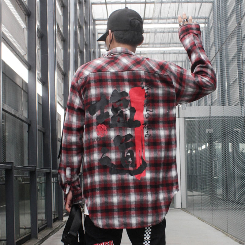 Oversized Plaid Printed Chinese Letters Men Shirt