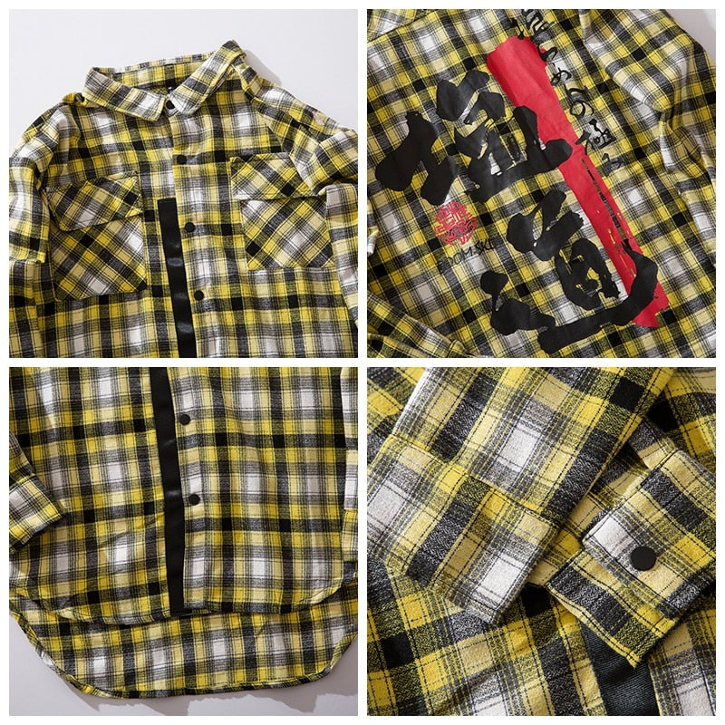 Oversized Plaid Printed Chinese Letters Men Shirt