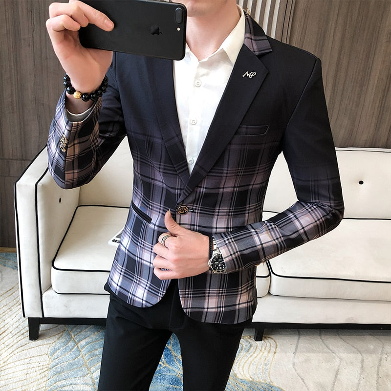 Business Clothing British Style Plaid Blazer for Men