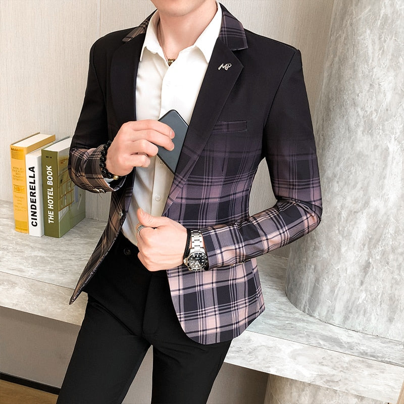Business Clothing British Style Plaid Blazer for Men