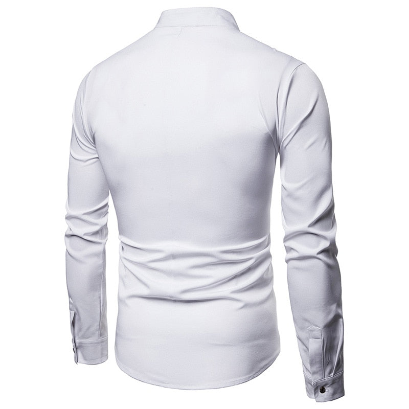 Solid White and Black Oblique Button Mandarin Collar Style Men Long Sleeve Shirt