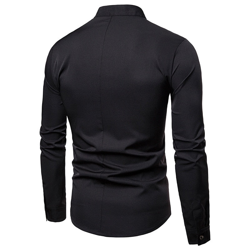 Solid White and Black Oblique Button Mandarin Collar Style Men Long Sleeve Shirt