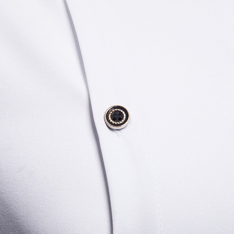 Solid White and Black Oblique Button Mandarin Collar Style Men Long Sleeve Shirt