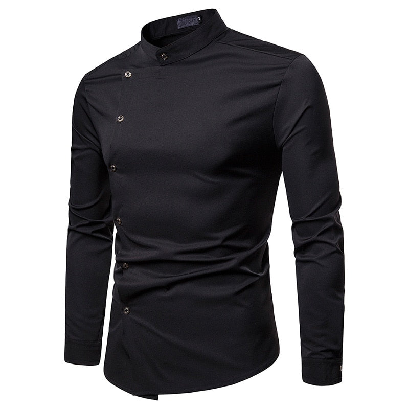 Solid White and Black Oblique Button Mandarin Collar Style Men Long Sleeve Shirt