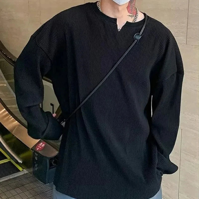 Solid V-Neck Pleated Stripe Loose T-Shirt