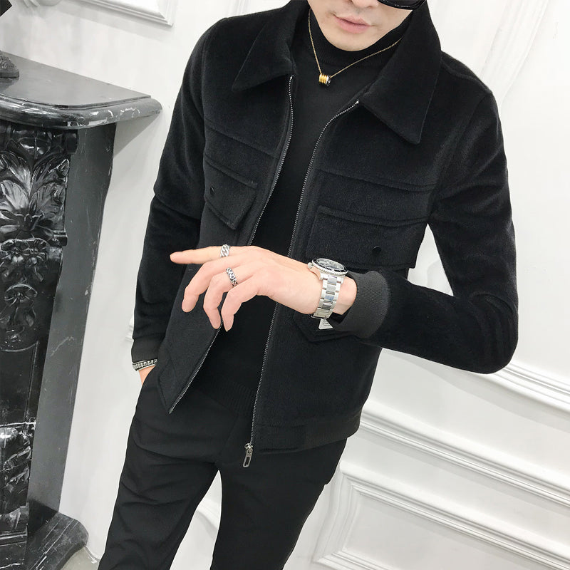 Thick Black Turn Down Collar Simply Casual Men Jacket