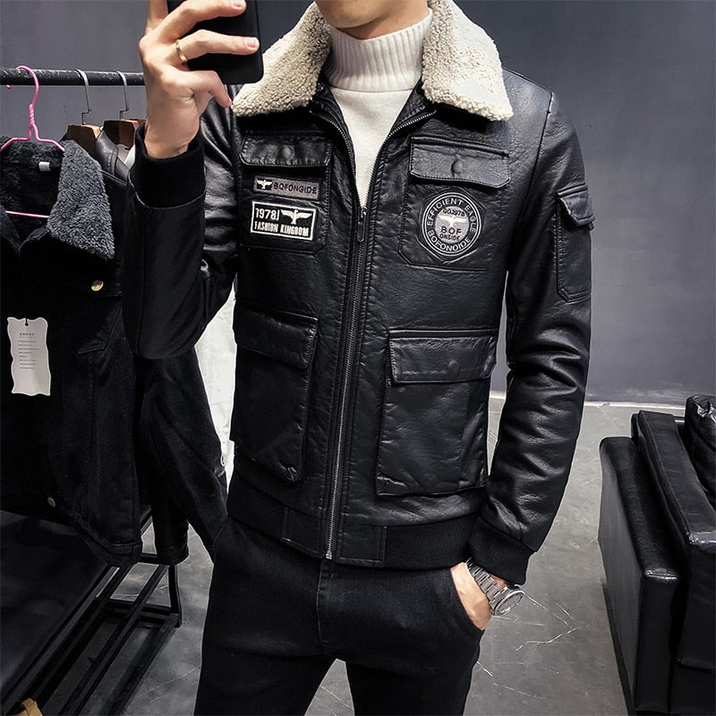 Winter Black Leather with Detachable Wool Collar Combination Men Jackets