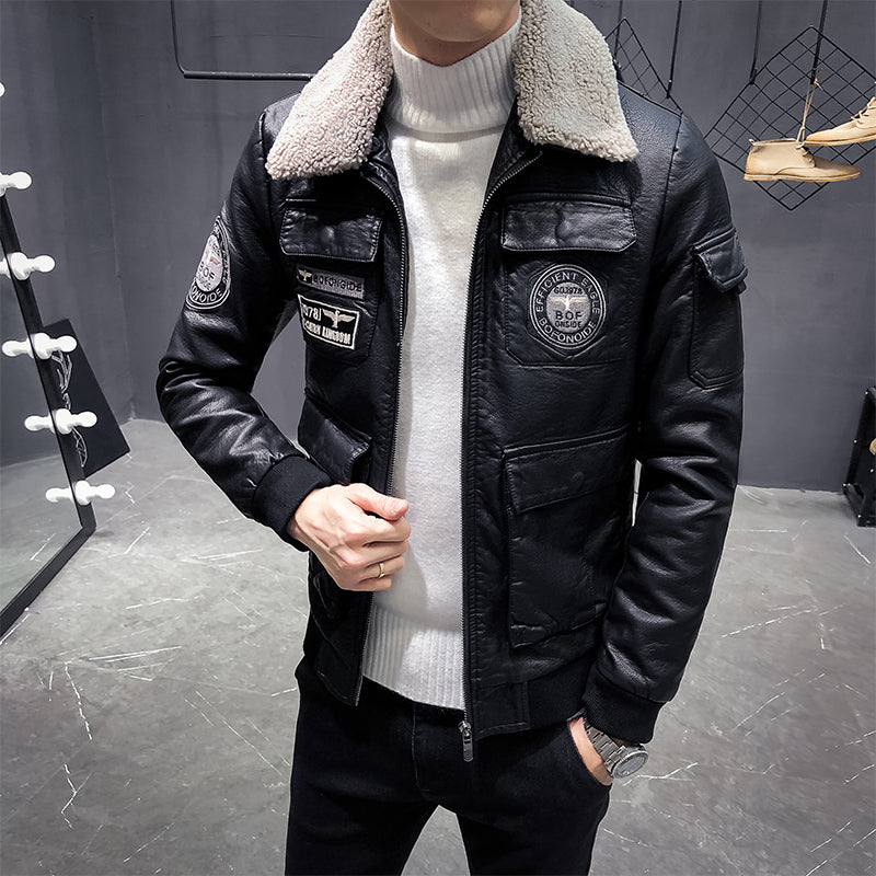 Winter Black Leather with Detachable Wool Collar Combination Men Jackets